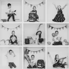 Schulstart-Fotos: Kinder mit riesigem Stift, Schultüte, Ballons und Tafel. Tolle Ideen für Einschulungsfotos!