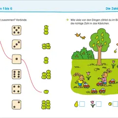 Arbeitsblatt zum Üben von vorschule zahlen: Würfel und Äpfel verbinden, Hasen zählen Autos und Bälle.