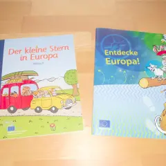 Zwei bunte Bücher für die **Europa Grundschule**: "Der kleine Stern in Europa" (Malbuch) und "Entdecke Europa!".