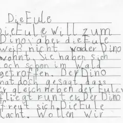 Die Eule will zum Dino, aber sie weiß nicht, wo er wohnt. Sie haben sich im Wald getroffen. Der Dino hat gesagt, dass er neben der Eule wohnt. Sie fliegt runter, der Dino freut sich. Die Eule lacht. Lesen durch Schreiben.