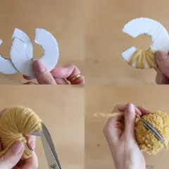 Schritt-für-Schritt-Anleitung zum Bommel basteln mit Pappe. Garn wird um Pappformen gewickelt, dann zugeschnitten und zu einem flauschigen Bommel geformt.