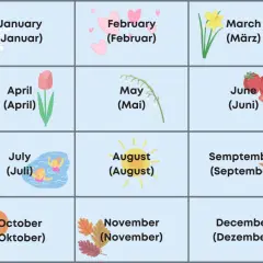 Die englisch Monate Januar bis Dezember, illustriert mit Symbolen wie Schneeflocken, Herzen, Blumen, Erdbeeren, Schwimmern, Sonne, Herbstlaub, Kürbis und Weihnachtsbaum.