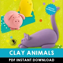 Modelliermasse Ideen: Tiere aus Knete zum Nachmachen. Ein rosa Schwein, ein gelbes Küken und eine lila Katze. Sofort-Download.