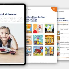 Arbeitsblätter für die Grundschule zum Thema Werbung. Ein Mädchen sitzt am Tisch, daneben ein Arbeitsblatt mit Werbung.