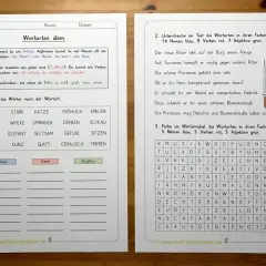 Deutsch 3 Klasse: Nomen, Verben, Adjektive üben. Übung 1 sortiert Wörter wie "Auto" (Nomen), "fahren" (Verb) und "faul" (Adjektiv).
