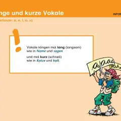 Ein Junge schneidet mit einer Schere ein Banner mit "aaaa" durch. Die Seite erklärt lange und kurze Vokale, eine kurze Selbstlaute Liste.