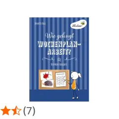 Buchcover "Wie gelingt Wochenplan-Arbeit?" mit Illustrationen für die Grundschule. Ein Arbeitsblatt mit Planquadraten ist zu sehen.