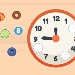 Ein Lernspiel, das Kindern hilft, wann lernen Kinder die Uhr. Bälle, Donuts und Früchte mit Zahlen daneben.
