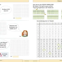 Aufgaben für die 4. Klasse: Division mit Henry, Livia und Melina. Übungen zum Einmaleins und geteilte Aufgaben.
