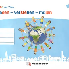 Kinder halten sich um die Erde, um zu lesen, verstehen und malen. Ein Buchcover mit dem Titel "ABC der Tiere".