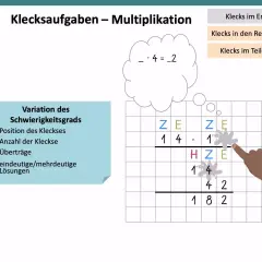 Klecksaufgaben zur Multiplikation für die 4. Klasse. Ein Finger zeigt auf eine Rechenaufgabe mit fehlenden Zahlen.