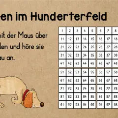Ein Hund schnüffelt neugierig am Hunderterfeld. Die Zahlen von 1 bis 100 sind in einem Raster angeordnet.
