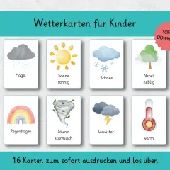 Acht Wetterkarten für Kinder: Hagel, Sonne, Schnee, Nebel, Regenbogen, Sturm, Gewitter, warm.
