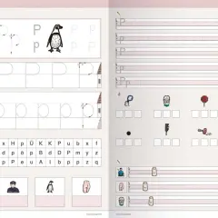 Übungsblatt zum Schreiben von Groß- und Kleinbuchstaben P. Mit Pinguin-Illustration und Übungen zur Druckschrift.