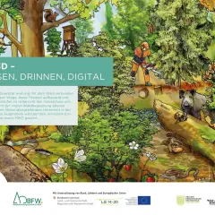 Wald-Illustration mit Förster, Wildschwein und Eichhörnchen. Ein Projekt für die Wald Grundschule.
