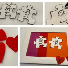 Beim **Puzzle basteln** entstehen zwei Puzzleteile mit Strichmännchen. Gerahmt mit Herzen, ein liebevolles DIY-Projekt.