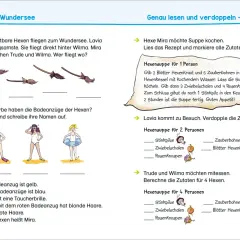 Knobelaufgaben Klasse 1: Hexen bereiten Zaubersuppe zu. Sie fliegen, kochen und verdoppeln Zutaten.