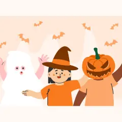 Kinder verkleidet als Geist, Hexe und Kürbis für Halloween basteln in der Kita. Fledermäuse fliegen.