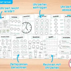 Arbeitsblatt Uhrzeit: Übungen zum Lernen und Üben der Uhrzeit mit verschiedenen Aufgaben wie Ablesen, Eintragen und Berechnen von Zeitspannen.