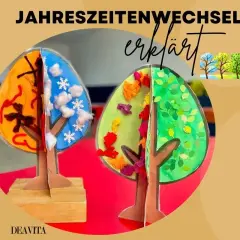 Bastelarbeiten im Kindergarten zeigen den Jahreszeitenwechsel: Ein Baum mit Herbstlaub, Schnee und Frühlingsblüten.