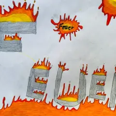 Zeichnung von Kindern zum Thema **Feuer** in der **Grundschule**. Die Buchstaben des Wortes "Feuer" sind grau und brennen lichterloh.