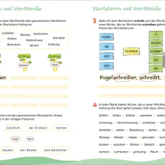 Bilder von Übungen zu Wortfamilien mit Bäumen, Wörtern und einer Ameise.