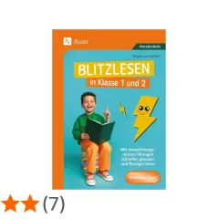 Ein fröhlicher Junge liest ein Buch. Das Buch heißt "Blitzlesen in Klasse 1 und 2" und verspricht, das Lesen schneller und flüssiger zu machen.