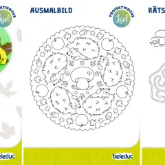 Bastelideen mit Igeln: Kinder basteln Igelbilder aus Naturmaterialien, malen Igel und lösen ein Igel-Labyrinth.