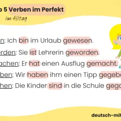 Top 5 Verben im Perfekt für die perfekt Grundschule: sein, werden, machen, geben, gehen. Beispiele für den Alltag.