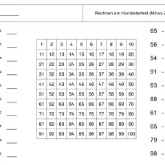 Aufgabenblatt zum Rechnen am Hunderterfeld mit Minusaufgaben. Ein Kind übt subtrahieren.