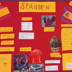 Referat Spanien 4. Klasse Plakat: Flagge, Flamenco, Fußball, Sehenswürdigkeiten, Stierkampf, Essen.