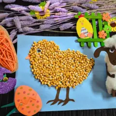 Bunte Osterbastelarbeiten für Kinder: Ein Küken aus Körnern, ein Schaf, Karotte und Ostereier. Schnell und einfach gemacht!