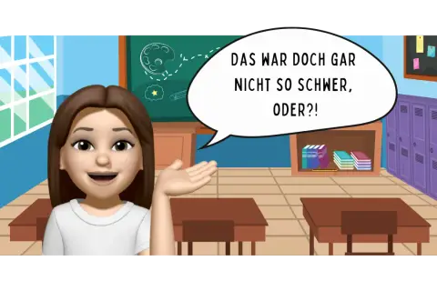 Ein Mädchen in einem Klassenzimmer sagt: "Das war doch gar nicht so schwer, oder?!" Sie hat gerade gelernt, wie man Satzglieder bestimmt.