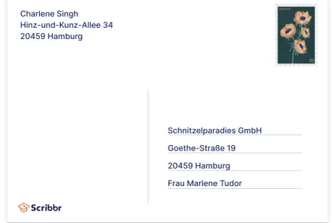 Briefumschlag mit Adressfeldern, Briefmarke mit Anemonen und Scribbr-Logo.