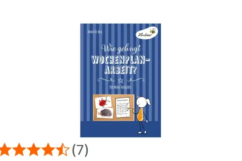 Buchcover "Wie gelingt Wochenplan-Arbeit?" mit Illustrationen für die Grundschule. Ein Arbeitsblatt mit Planquadraten ist zu sehen.