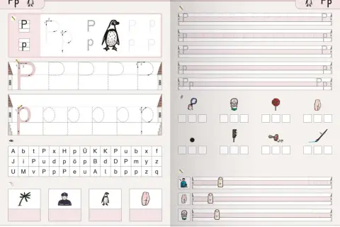 Übungsblatt zum Schreiben von Groß- und Kleinbuchstaben P. Mit Pinguin-Illustration und Übungen zur Druckschrift.