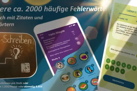 App zum spielerischen Rechtschreibung lernen mit Zitaten. Trainiere ca. 2000 Fehlerwörter.