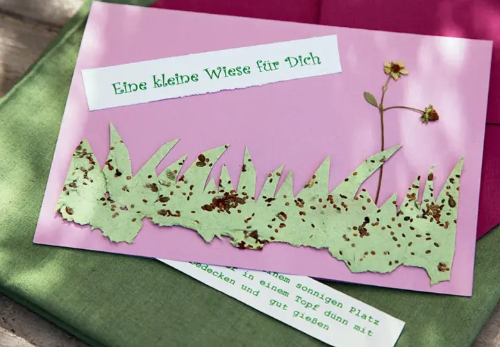 Eine Karte mit selbstgemachtem Samenpapier, das wie Gras aussieht. Darauf steht "Eine kleine Wiese für Dich".