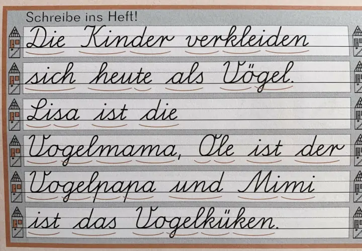 Übung zum Merkspruch: "Die Kinder verkleiden sich heute als Vögel." Geschwungene Buchstaben üben.
