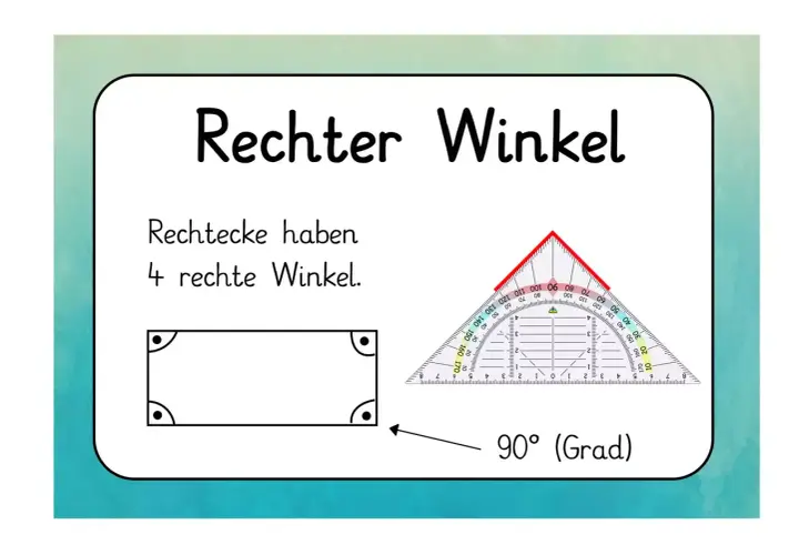 Ein Blatt für die Grundschule erklärt den rechten Winkel. Es zeigt ein Rechteck mit vier rechten Winkeln und ein Geodreieck, das 90° misst.