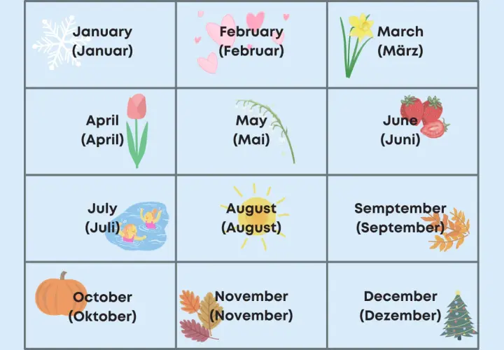 Die englisch Monate Januar bis Dezember, illustriert mit Symbolen wie Schneeflocken, Herzen, Blumen, Erdbeeren, Schwimmern, Sonne, Herbstlaub, Kürbis und Weihnachtsbaum.