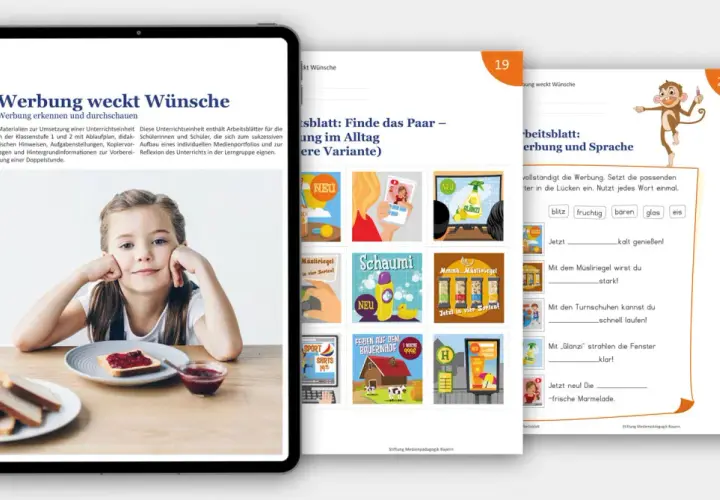 Arbeitsblätter für die Grundschule zum Thema Werbung. Ein Mädchen sitzt am Tisch, daneben ein Arbeitsblatt mit Werbung.