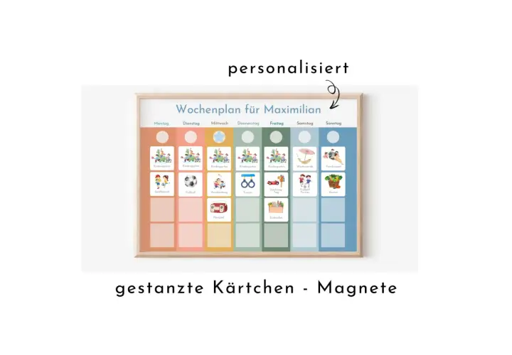 Personalisierter Wochenplan für Kita-Kinder mit Aktivitäten wie Kindergarten, Fußball, Spielbesuch und Familienzeit.