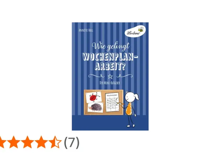 Buchcover "Wie gelingt Wochenplan-Arbeit?" mit Illustrationen für die Grundschule. Ein Arbeitsblatt mit Planquadraten ist zu sehen.