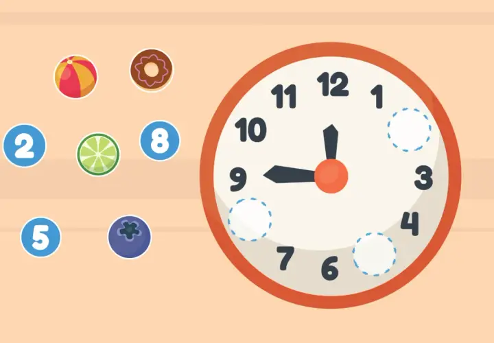 Ein Lernspiel, das Kindern hilft, wann lernen Kinder die Uhr. Bälle, Donuts und Früchte mit Zahlen daneben.