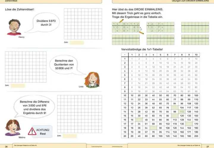 Aufgaben für die 4. Klasse: Division mit Henry, Livia und Melina. Übungen zum Einmaleins und geteilte Aufgaben.