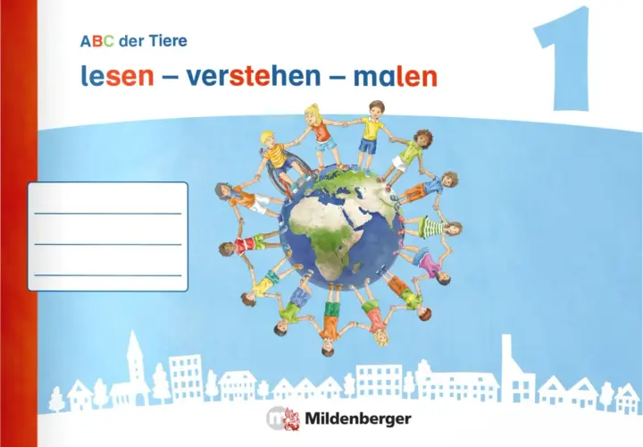 Kinder halten sich um die Erde, um zu lesen, verstehen und malen. Ein Buchcover mit dem Titel "ABC der Tiere".