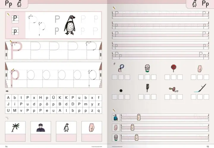 Übungsblatt zum Schreiben von Groß- und Kleinbuchstaben P. Mit Pinguin-Illustration und Übungen zur Druckschrift.