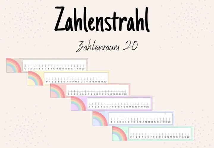 Bunte Zahlenstrahlen bis 20 zum Ausdrucken, ideal für den Zahlenraum 20.