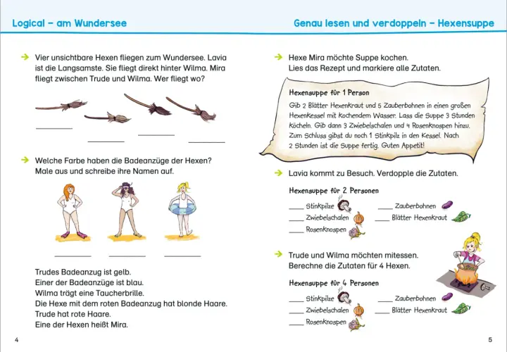 Knobelaufgaben Klasse 1: Hexen bereiten Zaubersuppe zu. Sie fliegen, kochen und verdoppeln Zutaten.
